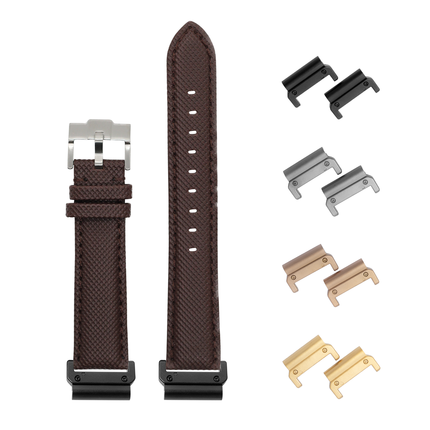 QuickFit sailcloth coffee brown 26mm watch band with interchangeable lugs in multiple finishes