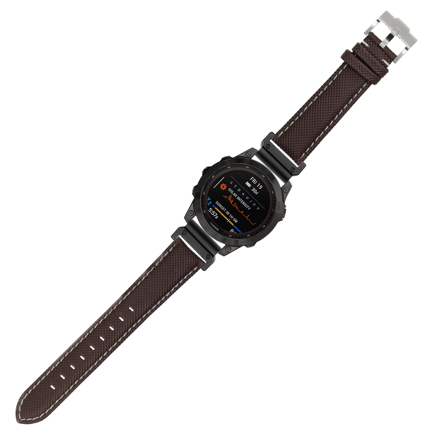 Black digital sport watch with coffee brown sailcloth band, white stitching, and AMOLED display showing fitness metrics