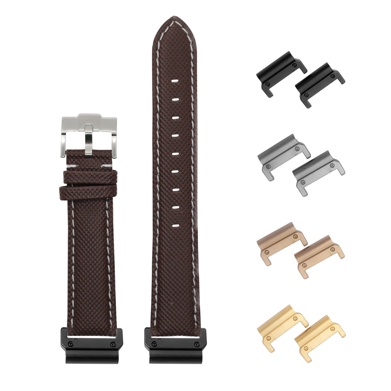 Brown sailcloth quick-release watch band 26mm with white stitching, stainless steel buckle and interchangeable metal lugs in multiple finishes