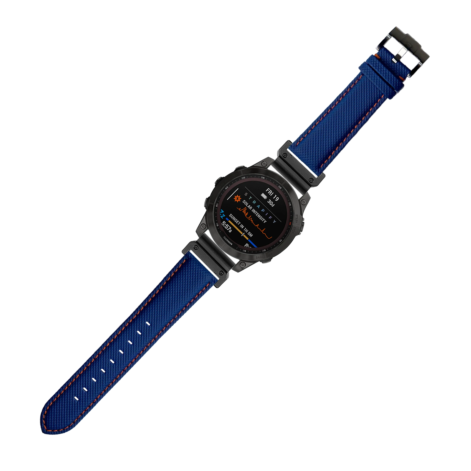 Black digital sports watch with electric blue sailcloth band and orange stitching, featuring AMOLED display and quick-fit 26mm strap system
