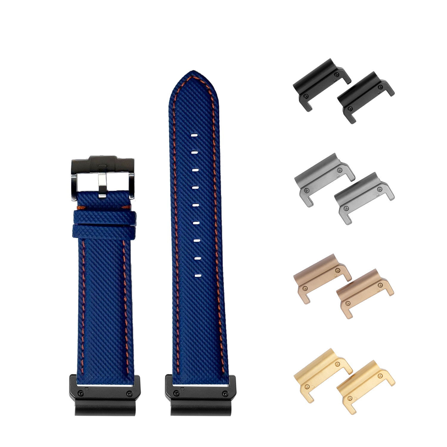 Blue sailcloth watch band 26mm with orange stitching, black buckle, and interchangeable metal lugs in black, silver, rose gold, and gold finishes