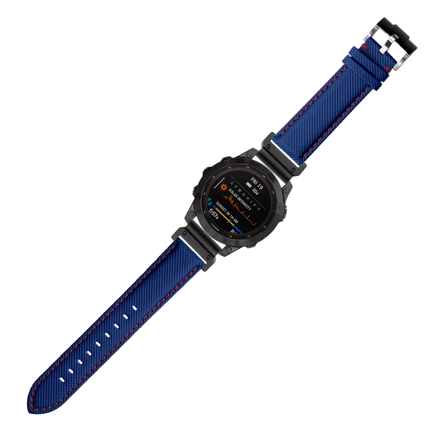 QuickFit sailcloth watch strap 26mm electric blue with red stitching and black hardware