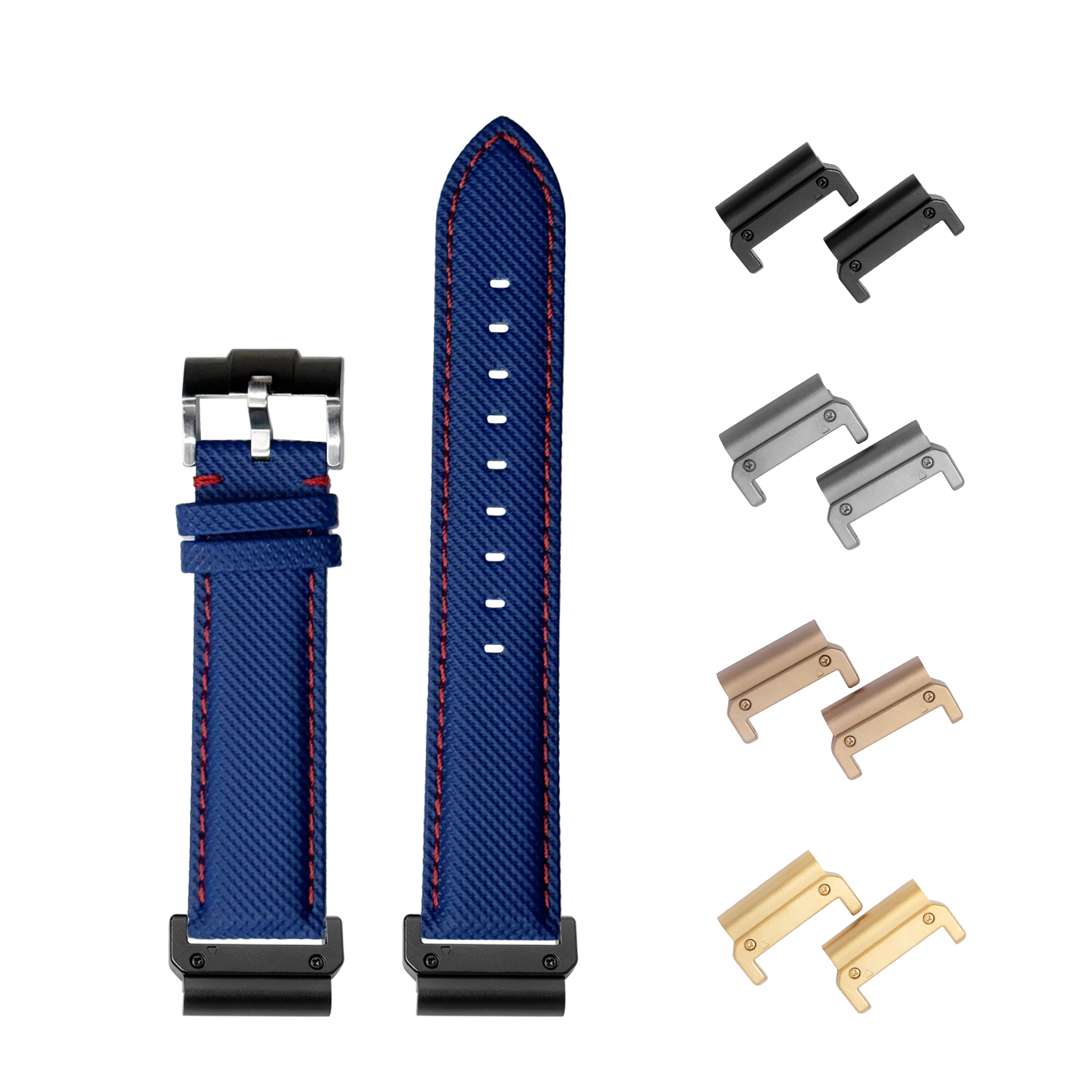 Blue sailcloth watch strap 26mm with red stitching, quick-fit system, and interchangeable metal lugs in black, silver, bronze and gold finishes
