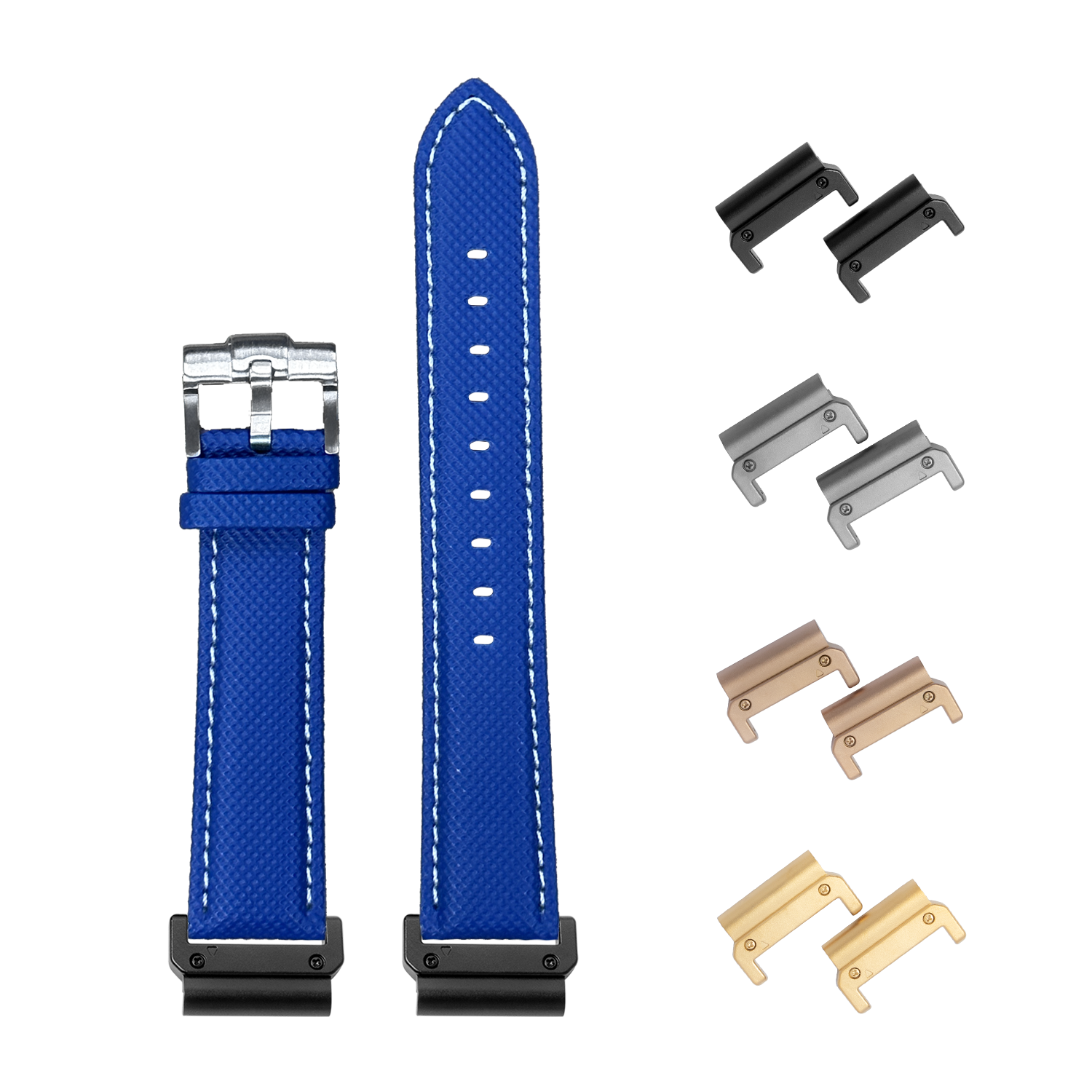 Electric blue sailcloth watch strap 26mm with white stitching, quick fit adapter system, and interchangeable metal lugs in black, silver, rose gold and gold finishes