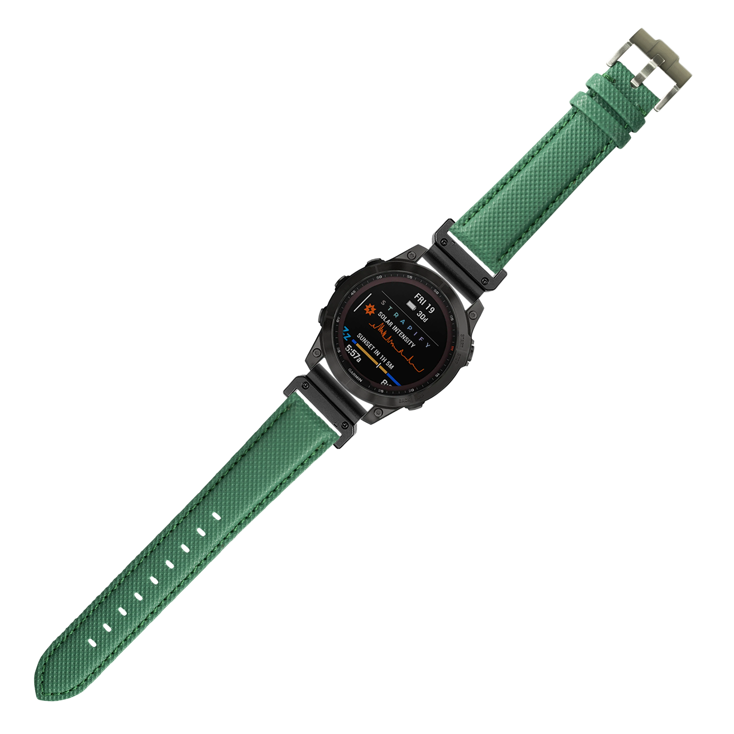 Black rugged smartwatch with AMOLED display and emerald green sailcloth quick-fit band, 26mm width