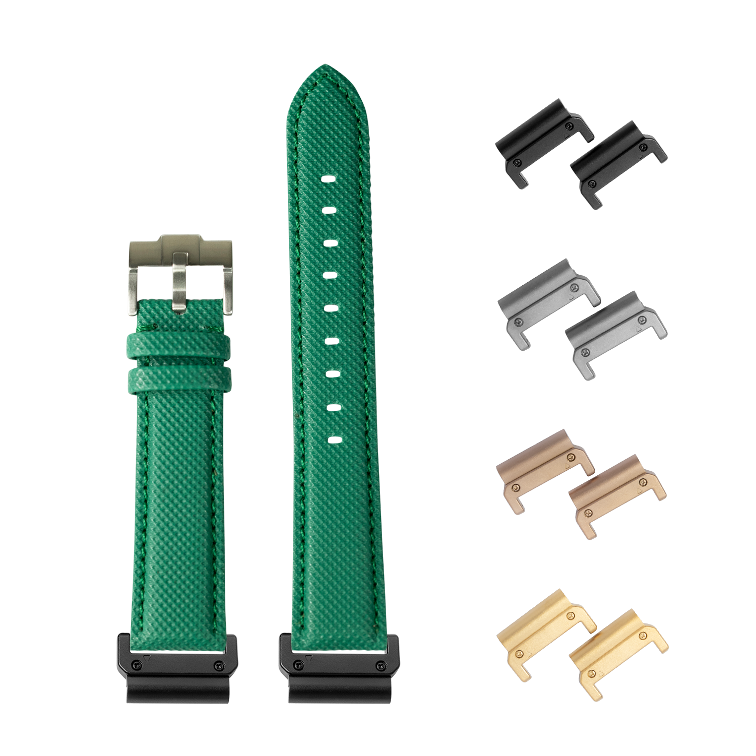 Green sailcloth watch band 26mm with quick-fit system and interchangeable metal lugs in black, silver, rose gold and gold finishes