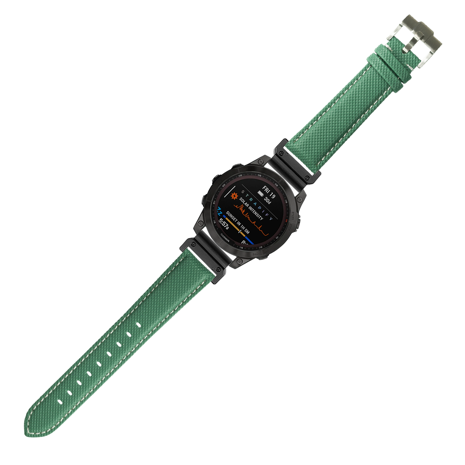 Tactical smartwatch with black case and emerald green sailcloth band featuring white stitching and quick-fit connector