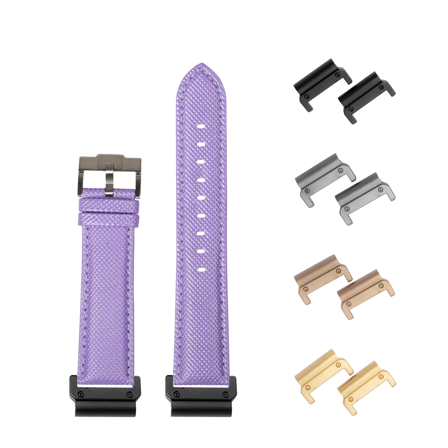 Purple sailcloth quick-fit watch band 26mm with interchangeable metal lugs in black, silver, rose gold and gold finishes