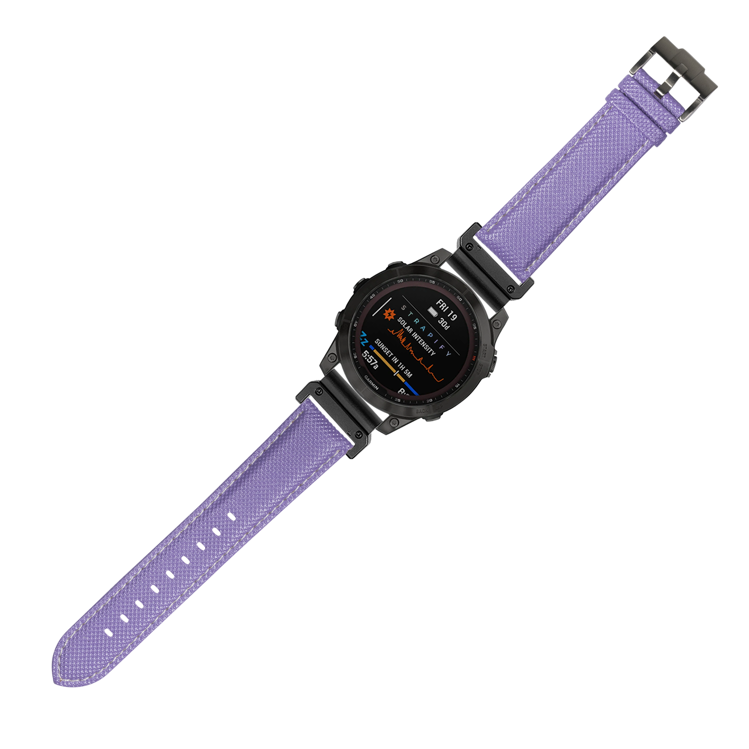 Black sports smartwatch with purple sailcloth band and white stitching, featuring AMOLED display and QuickFit 26mm strap