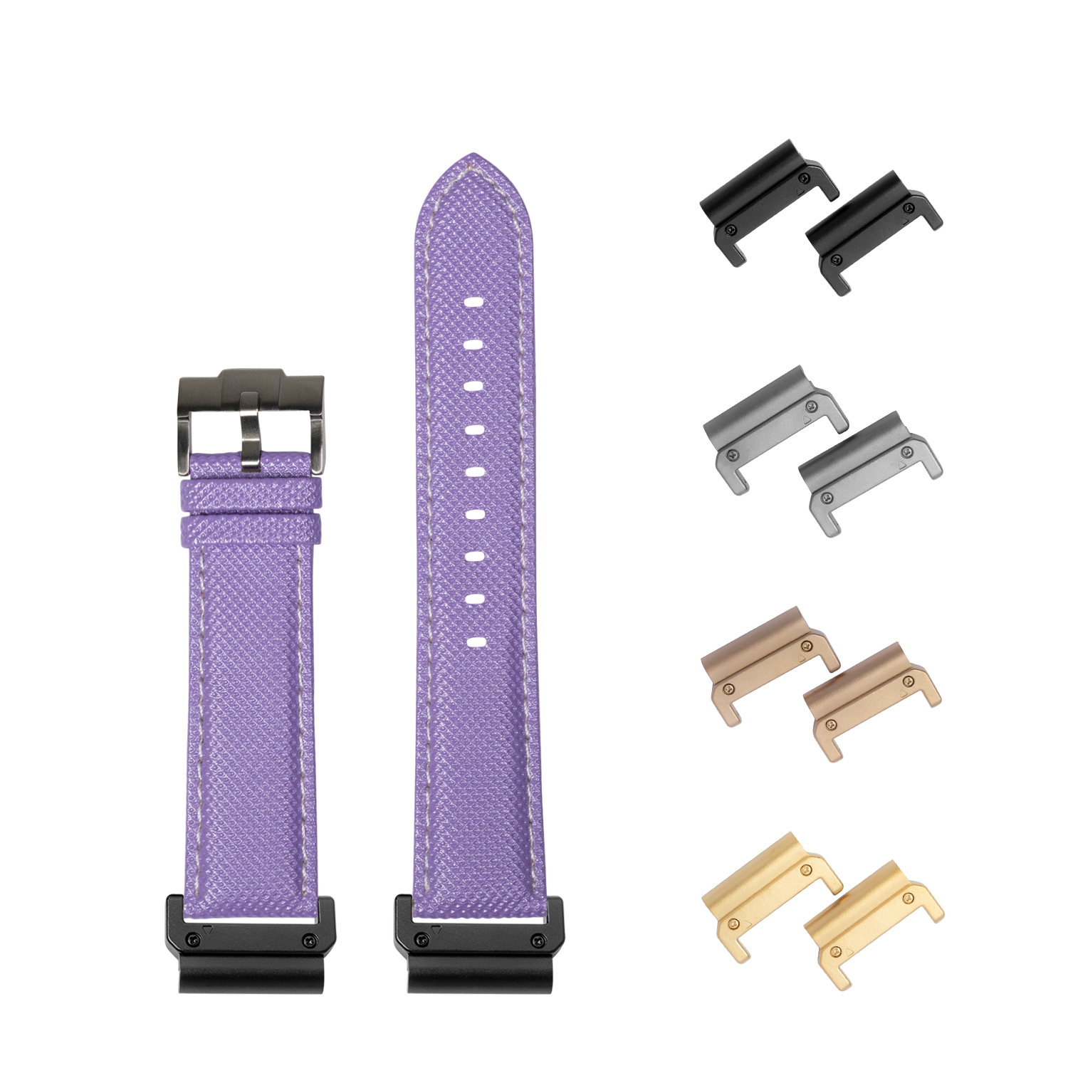 Purple sailcloth watch band 26mm with white stitching, interchangeable metal lugs and buckle included