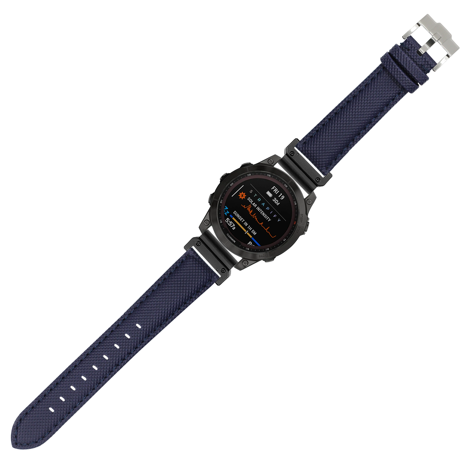 Black digital smartwatch with navy blue sailcloth quick-fit strap and metal buckle, displaying fitness metrics on AMOLED screen