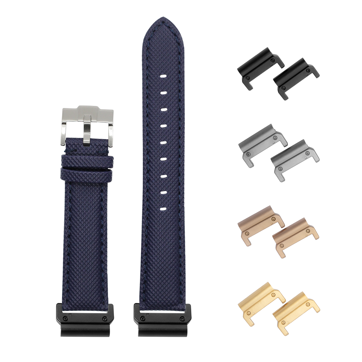 Navy blue canvas watch band with quick-release lugs and interchangeable metal connectors in black, silver, rose gold and gold finishes