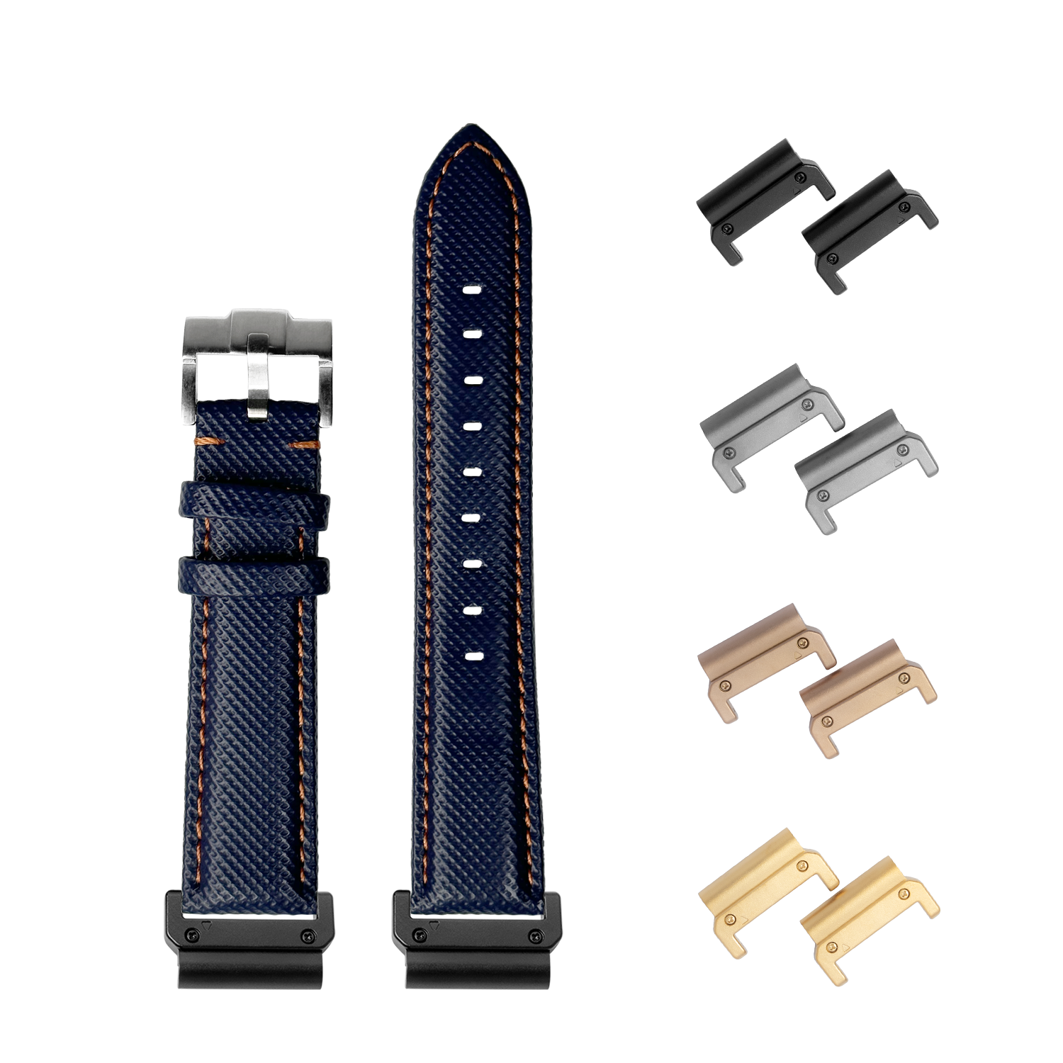 QuickFit sailcloth watch band navy blue with orange stitching 26mm and interchangeable metal lugs in black silver rose gold and gold
