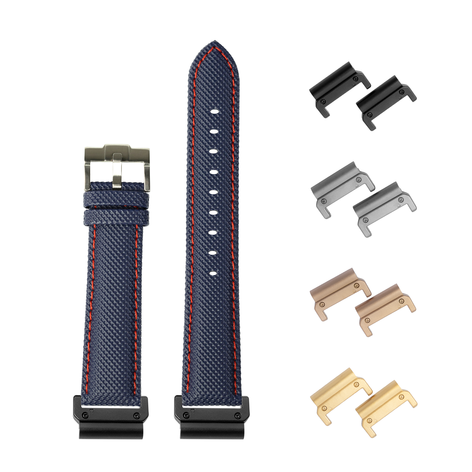 Quick-fit sailcloth watch band navy blue with red stitching and interchangeable metal lugs in multiple finishes