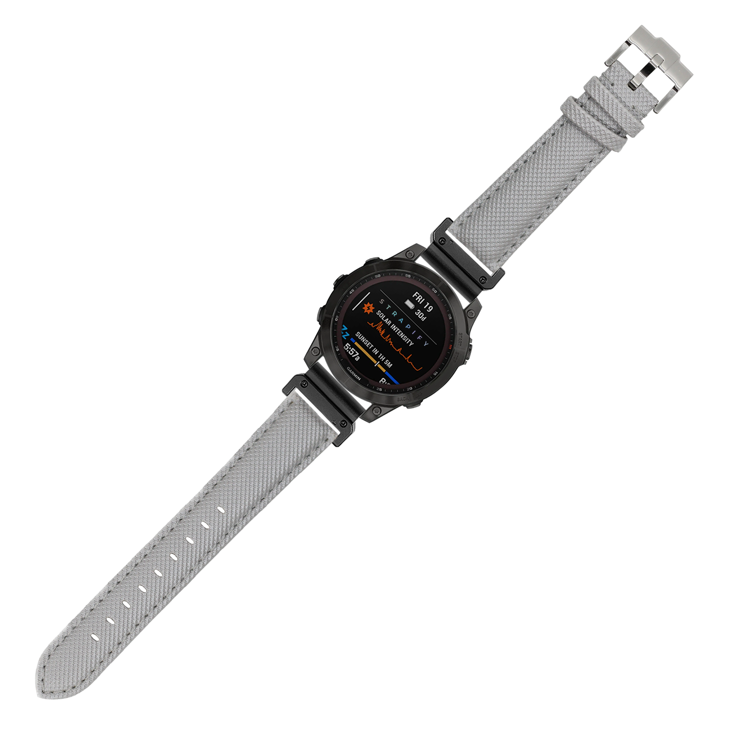 Digital smartwatch with square black face, gray sailcloth band with quick-fit connector, displaying fitness metrics and time on AMOLED screen