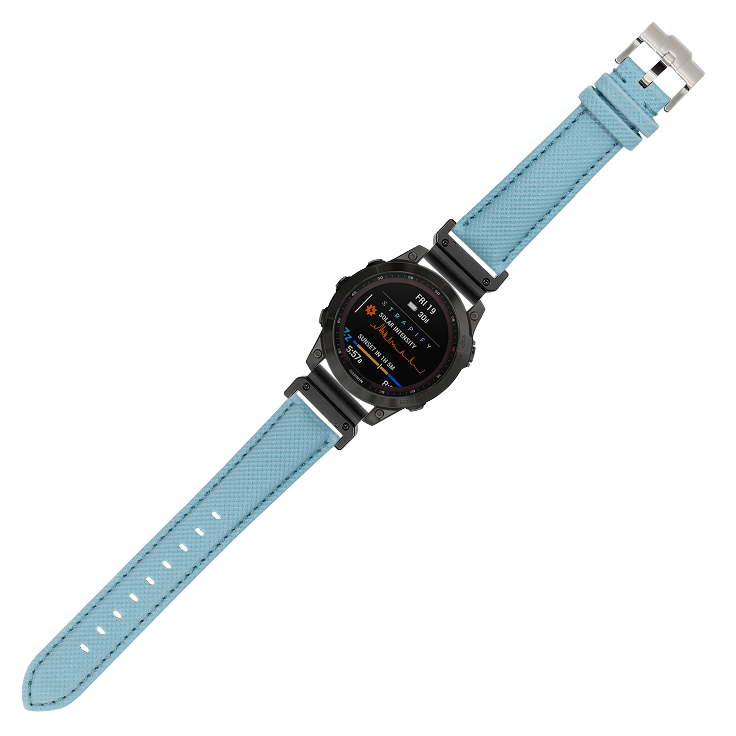Rugged smartwatch with black case and sky blue sailcloth quick-fit watch band, featuring digital display with fitness metrics and date