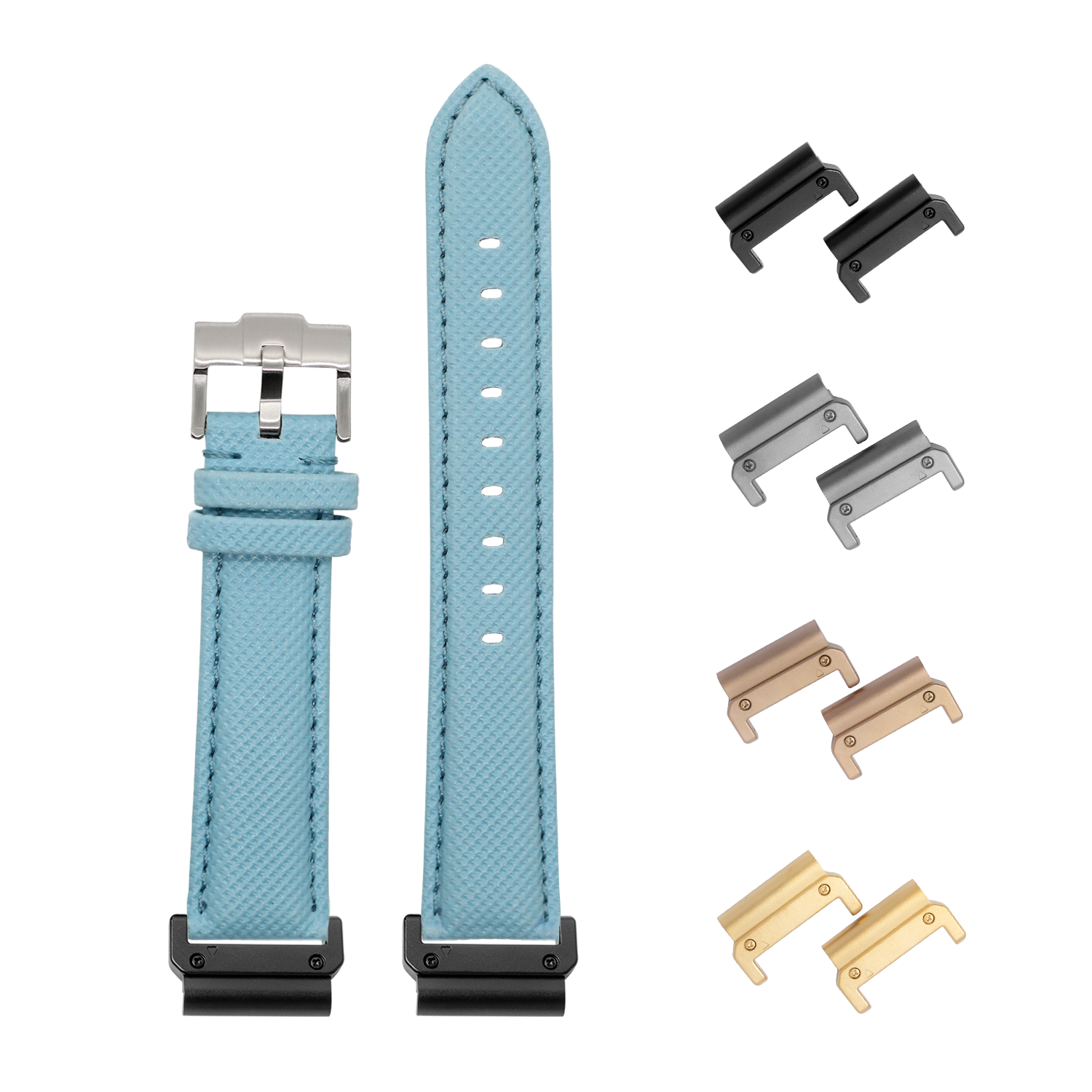 Sky blue sailcloth watch strap 26mm with quick-fit bar system and interchangeable metal lugs in black, silver, gold and rose gold finishes
