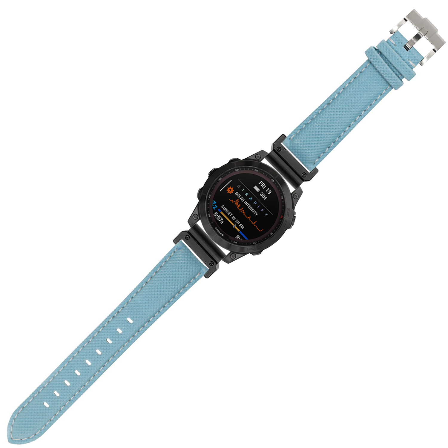 Smartwatch with sky blue sailcloth quick-fit band and white stitching, black digital face displaying fitness metrics