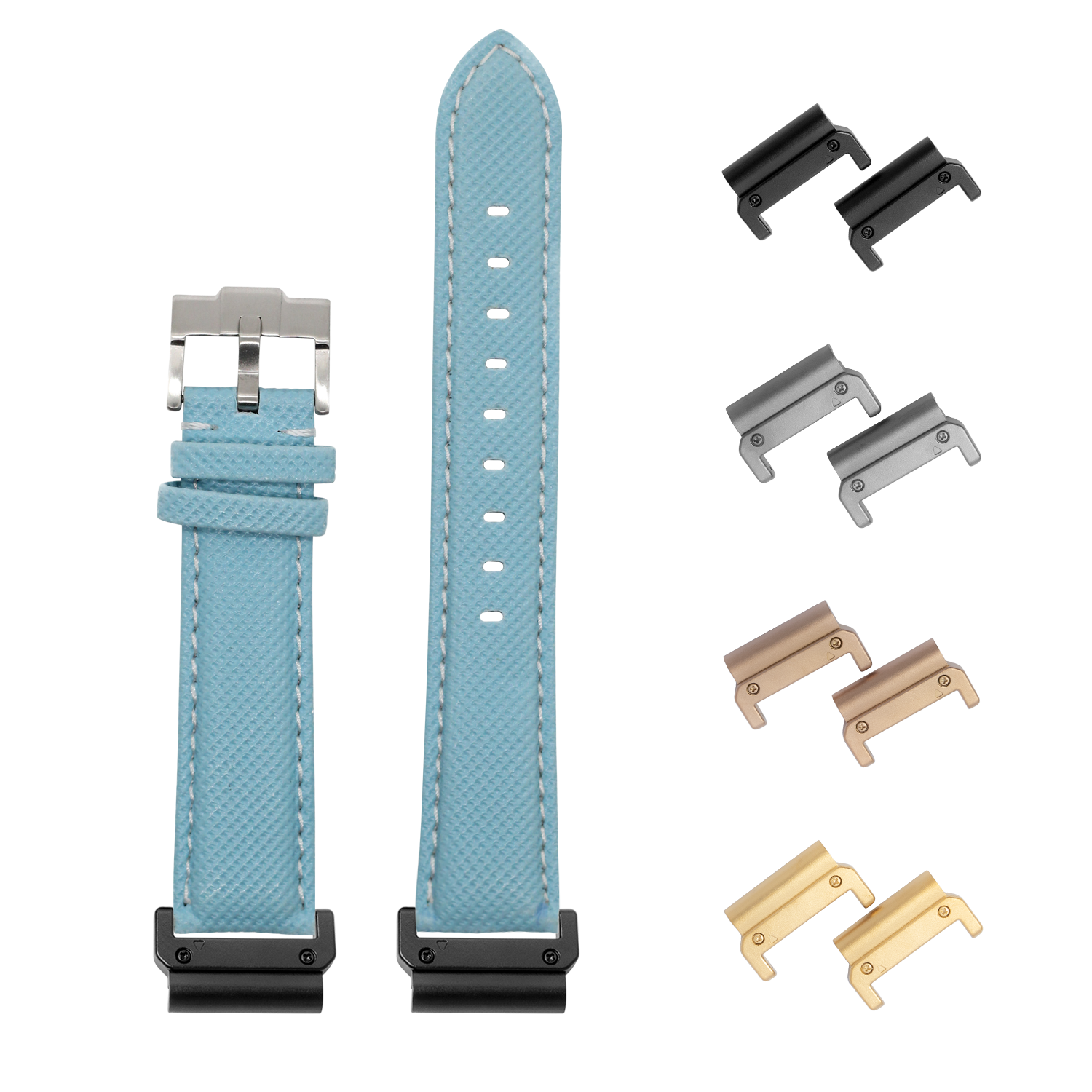 QuickFit sailcloth watch band sky blue with white stitching, 26mm, includes interchangeable metal lugs in black, silver, rose gold, and gold