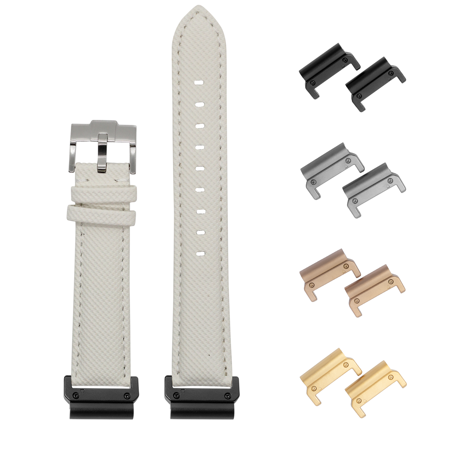QuickFit white sailcloth watch band 26mm with interchangeable metal lugs in black, silver, rose gold and gold finishes
