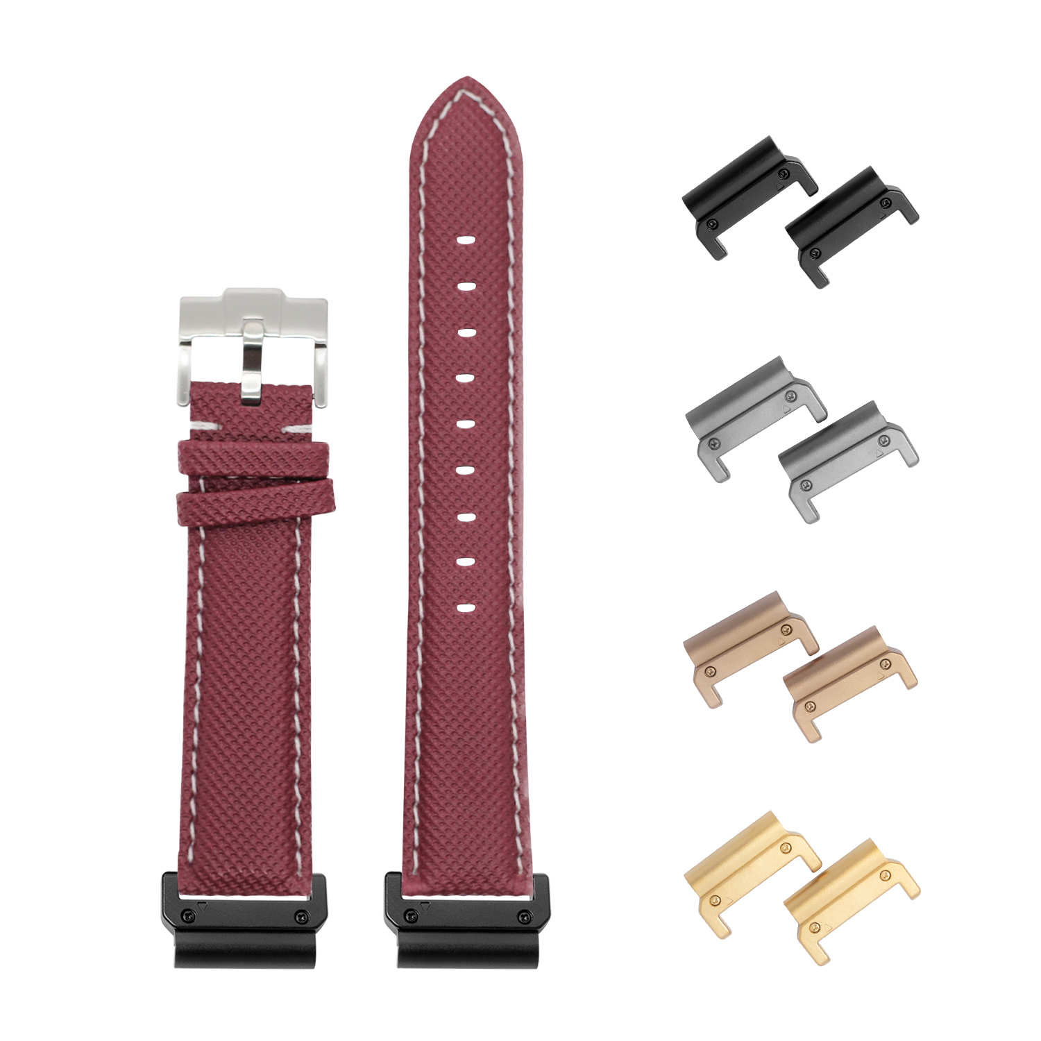 Burgundy red sailcloth watch band 22mm with white stitching, interchangeable quick-fit lugs in black, silver, rose gold and gold finishes