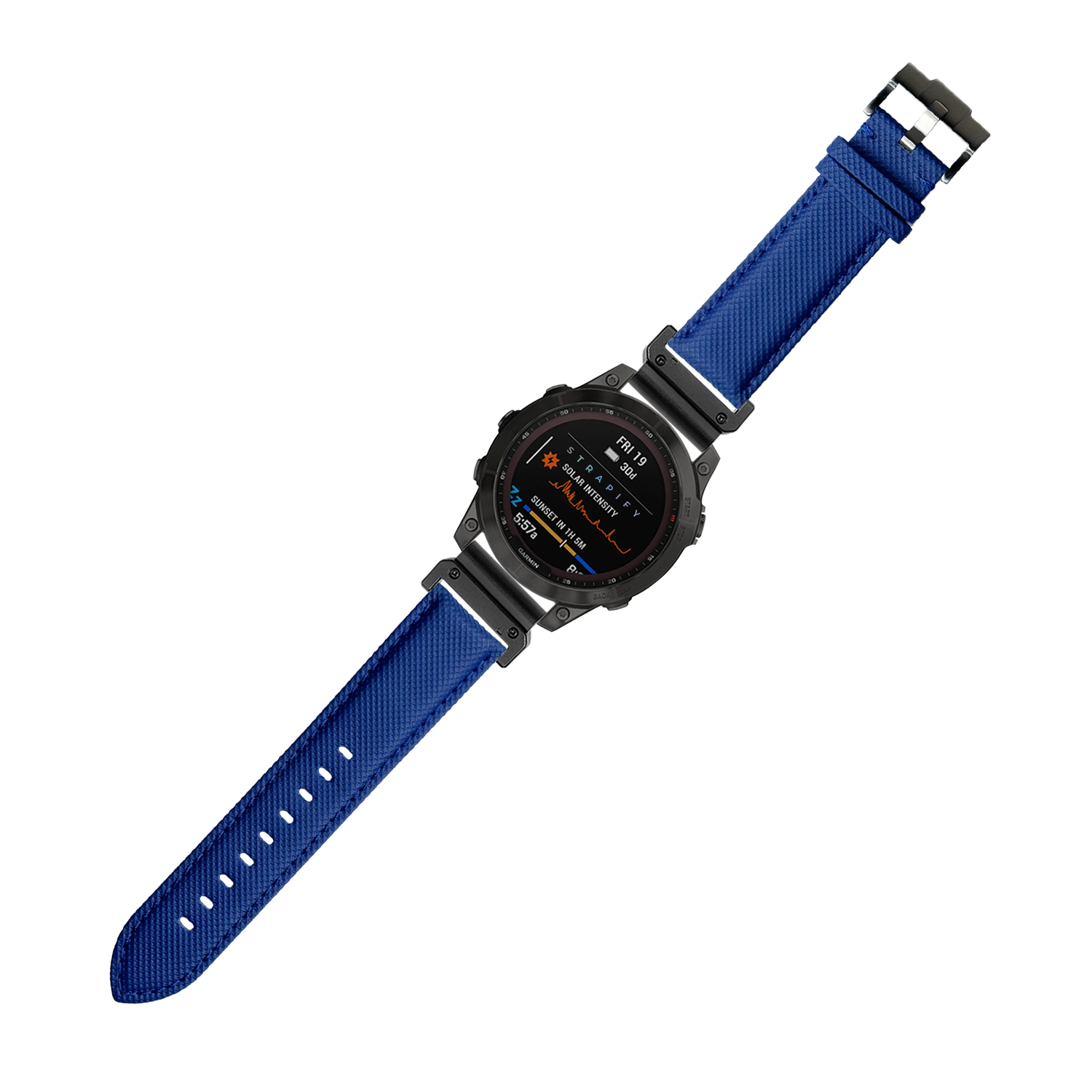 Black smartwatch with electric blue sailcloth band featuring digital display and sport watch design with quick-fit strap system