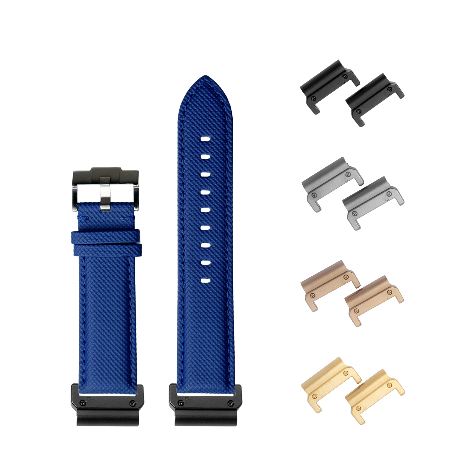 Blue sailcloth 22mm quick-fit watch band with interchangeable metal lugs in black, silver, rose gold and gold finishes