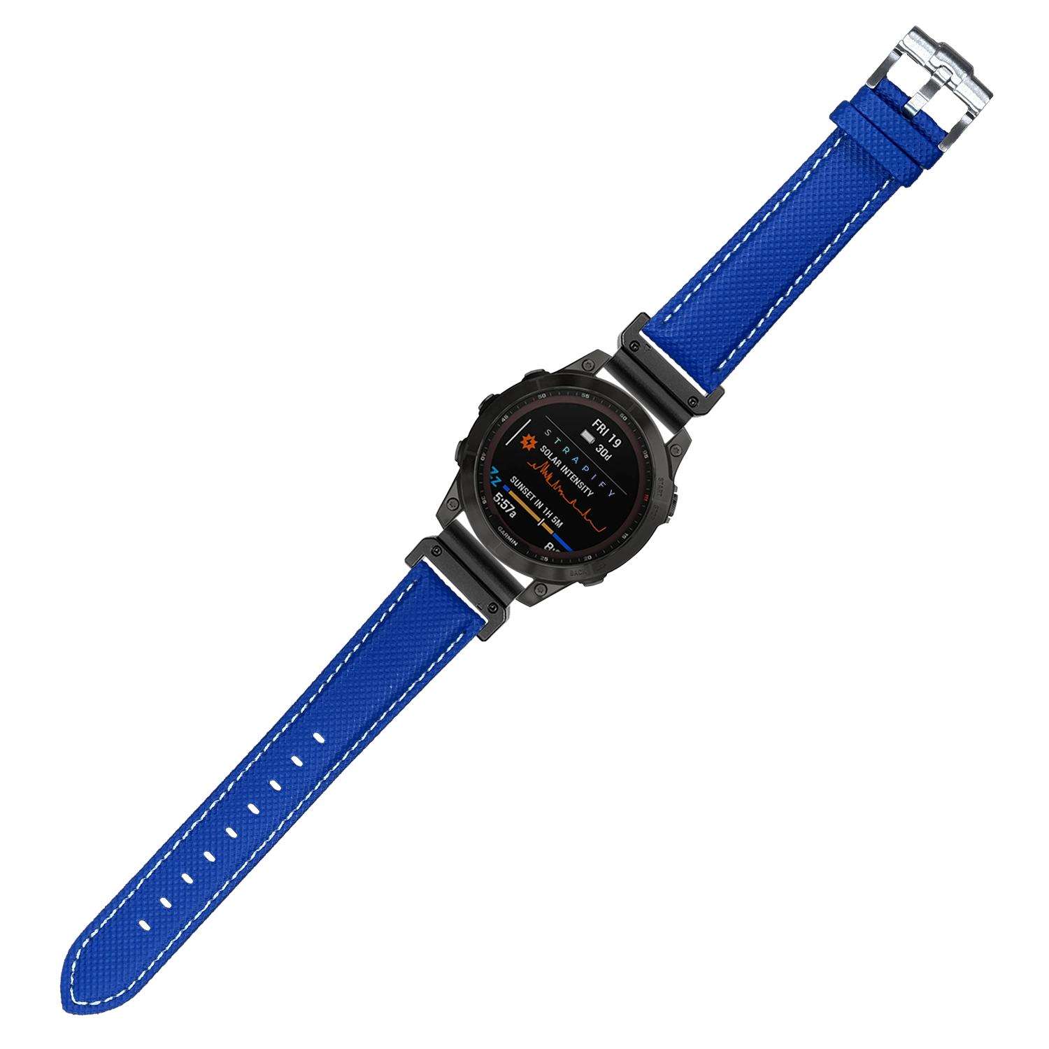 Black digital sports watch with electric blue sailcloth band and white stitching, 22mm QuickFit strap