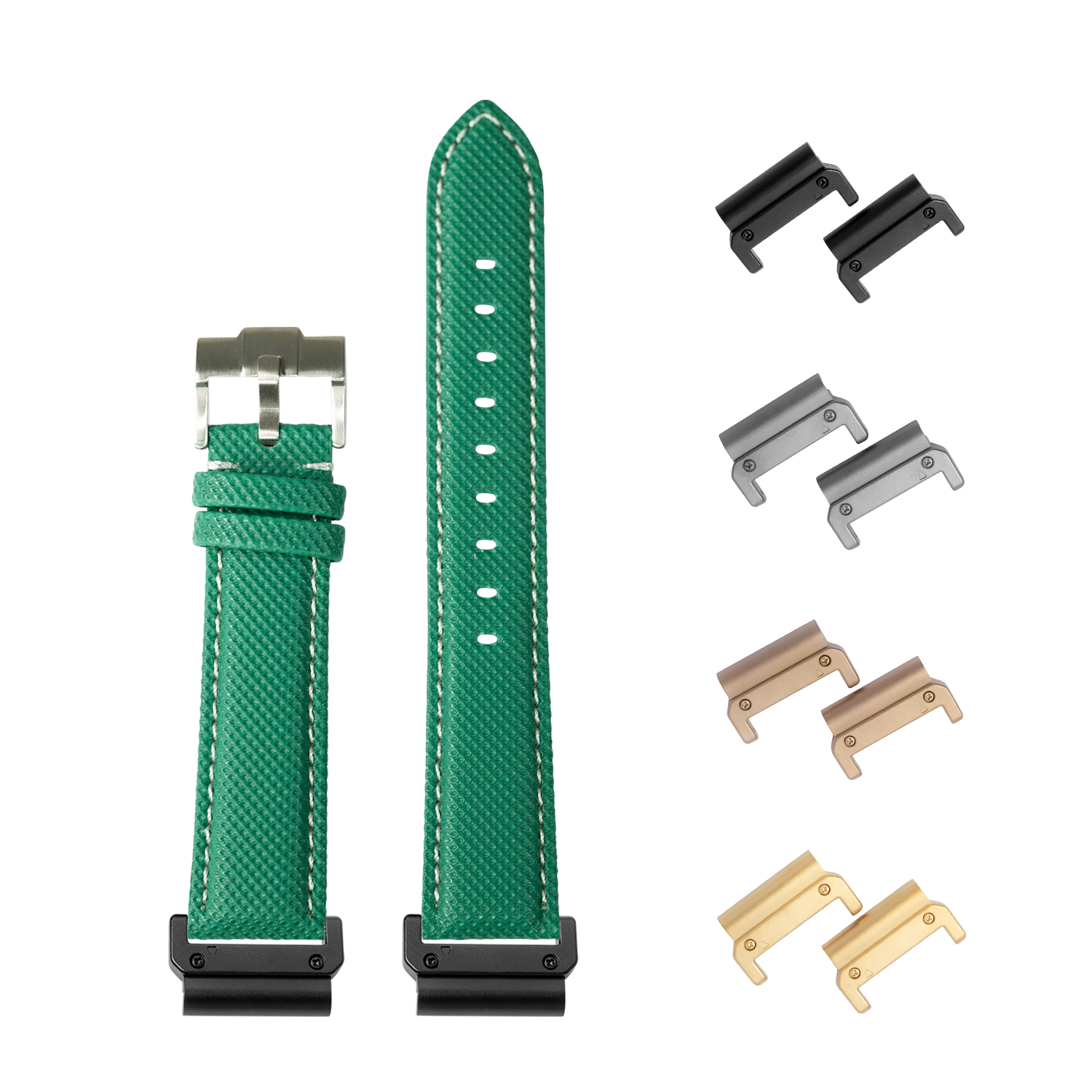 Green sailcloth watch strap 22mm with quick release pins and interchangeable metal lugs in black, silver, bronze and gold finishes