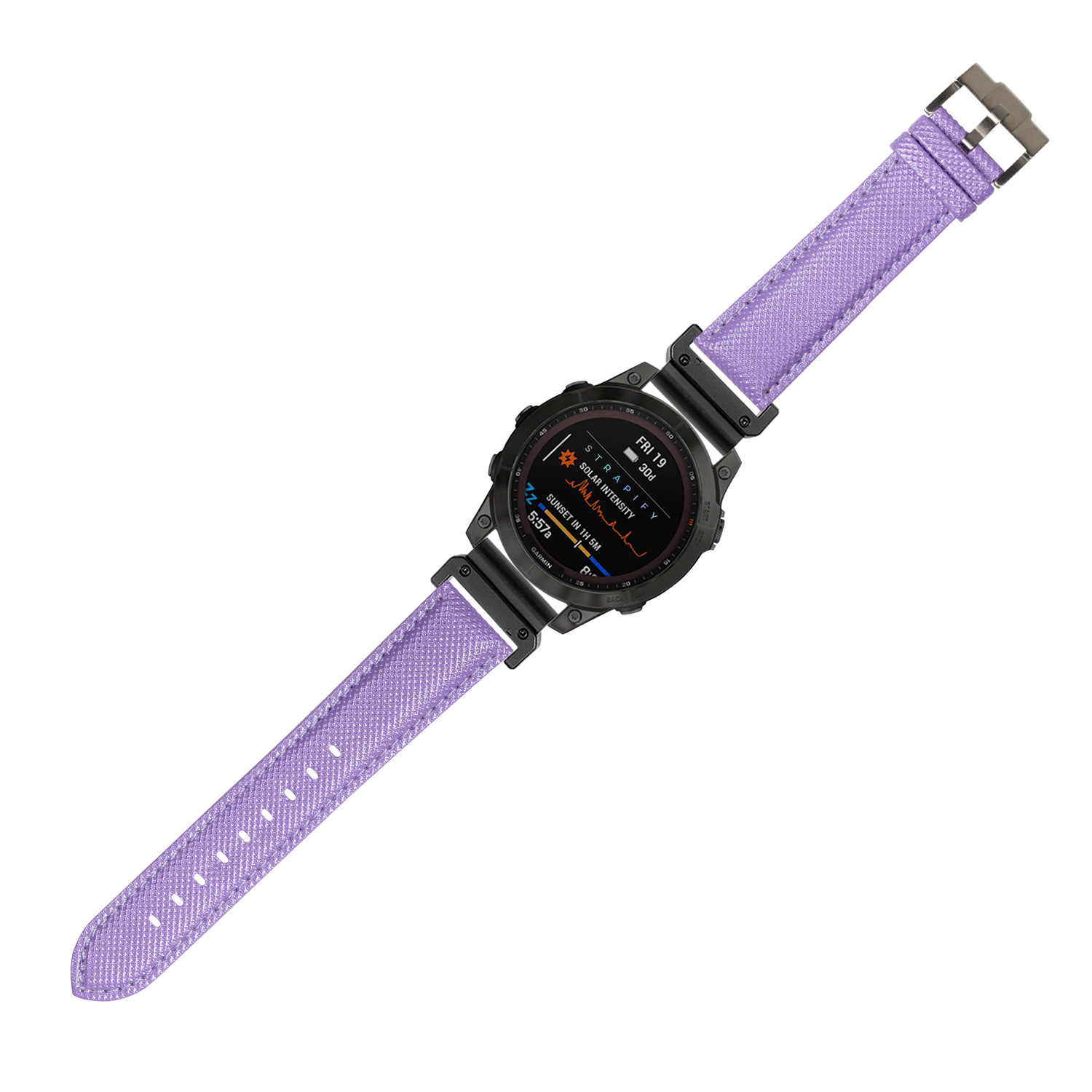Tactical smartwatch with black case and lavender QuickFit sailcloth strap, AMOLED display showing fitness metrics
