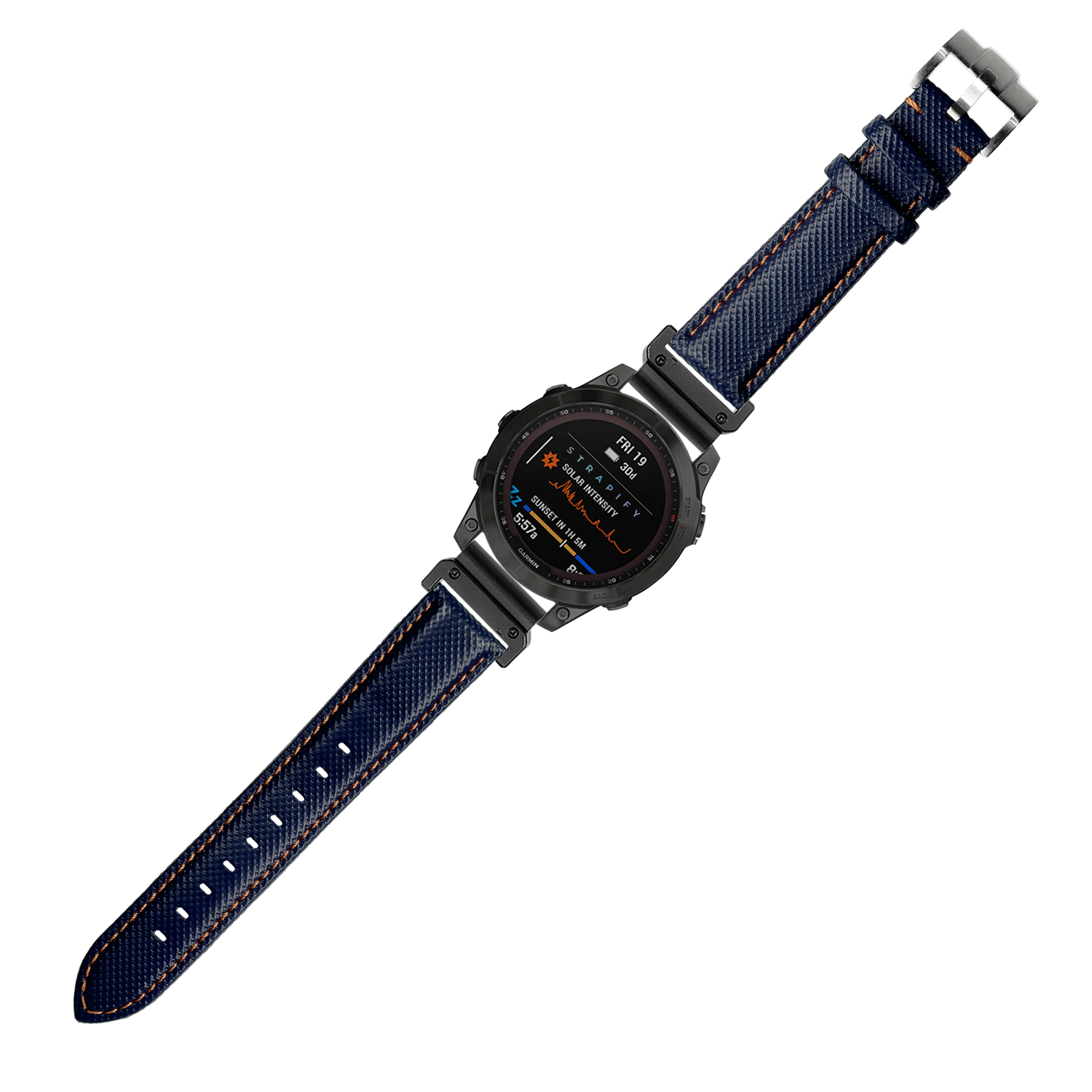 Tactical smartwatch with black case, AMOLED display showing fitness metrics, navy blue sailcloth band with orange stitching and quick-fit connector