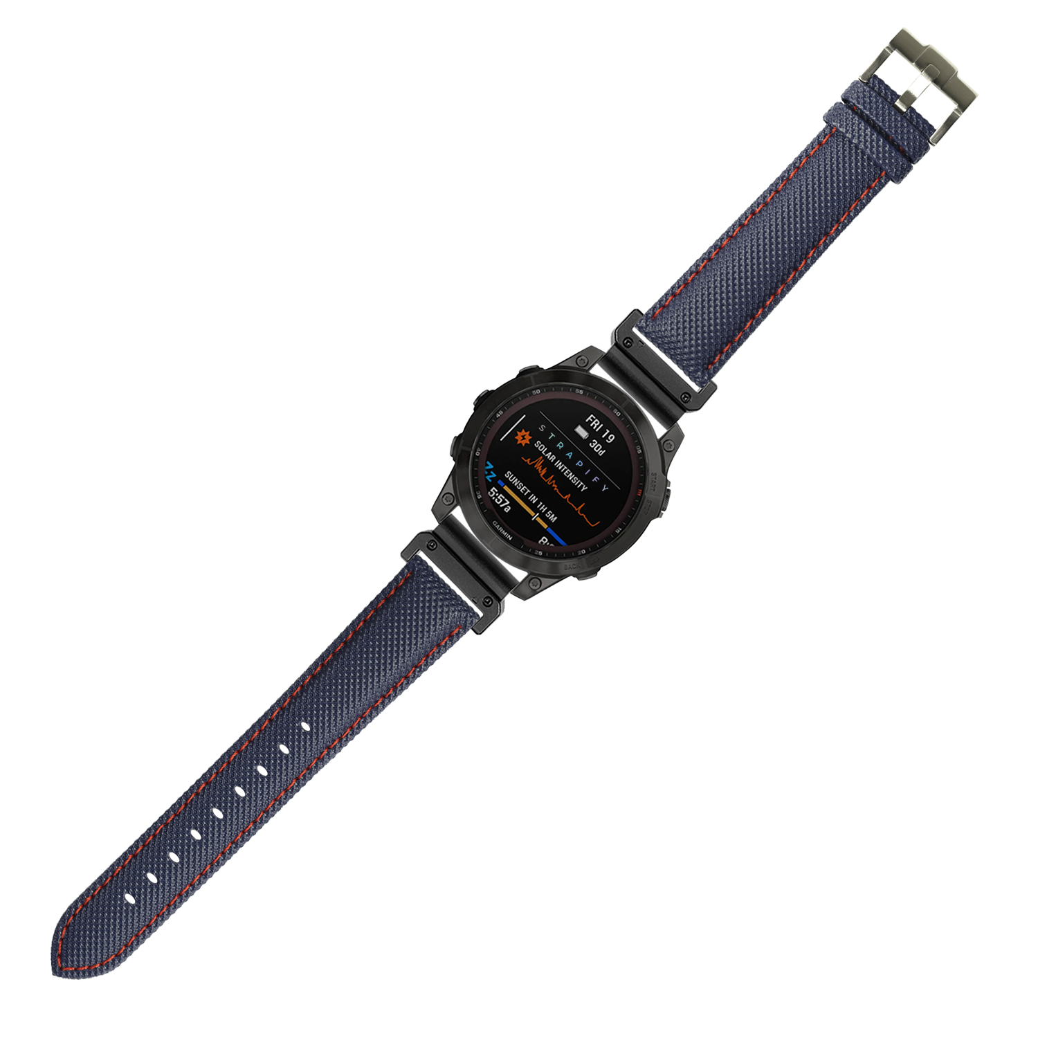 Tactical smartwatch with black case and navy blue sailcloth band featuring red stitching, displaying fitness metrics on AMOLED screen