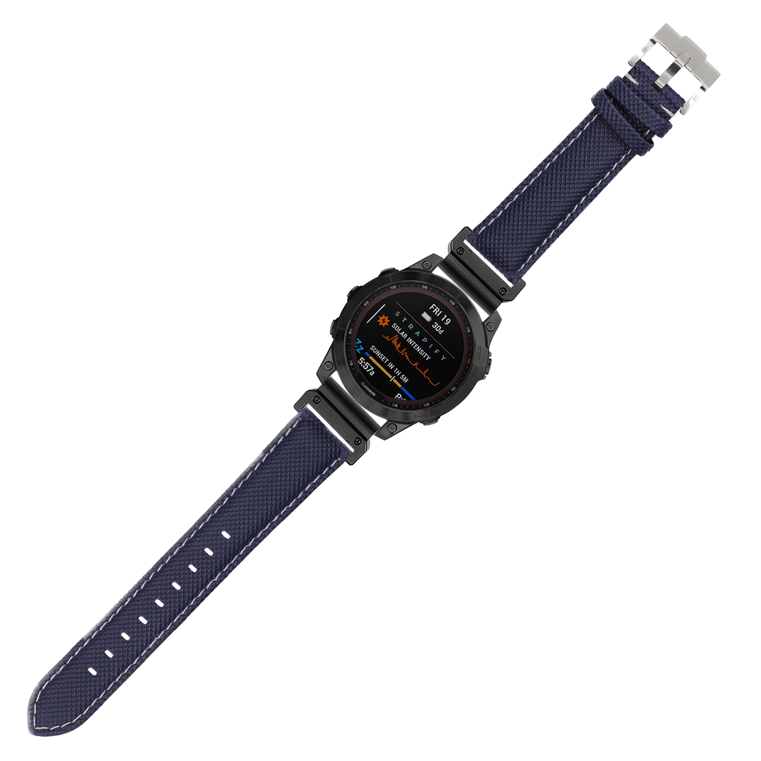 Navy blue sailcloth watch band with white stitching and metal buckle for 22mm quick-fit smartwatch
