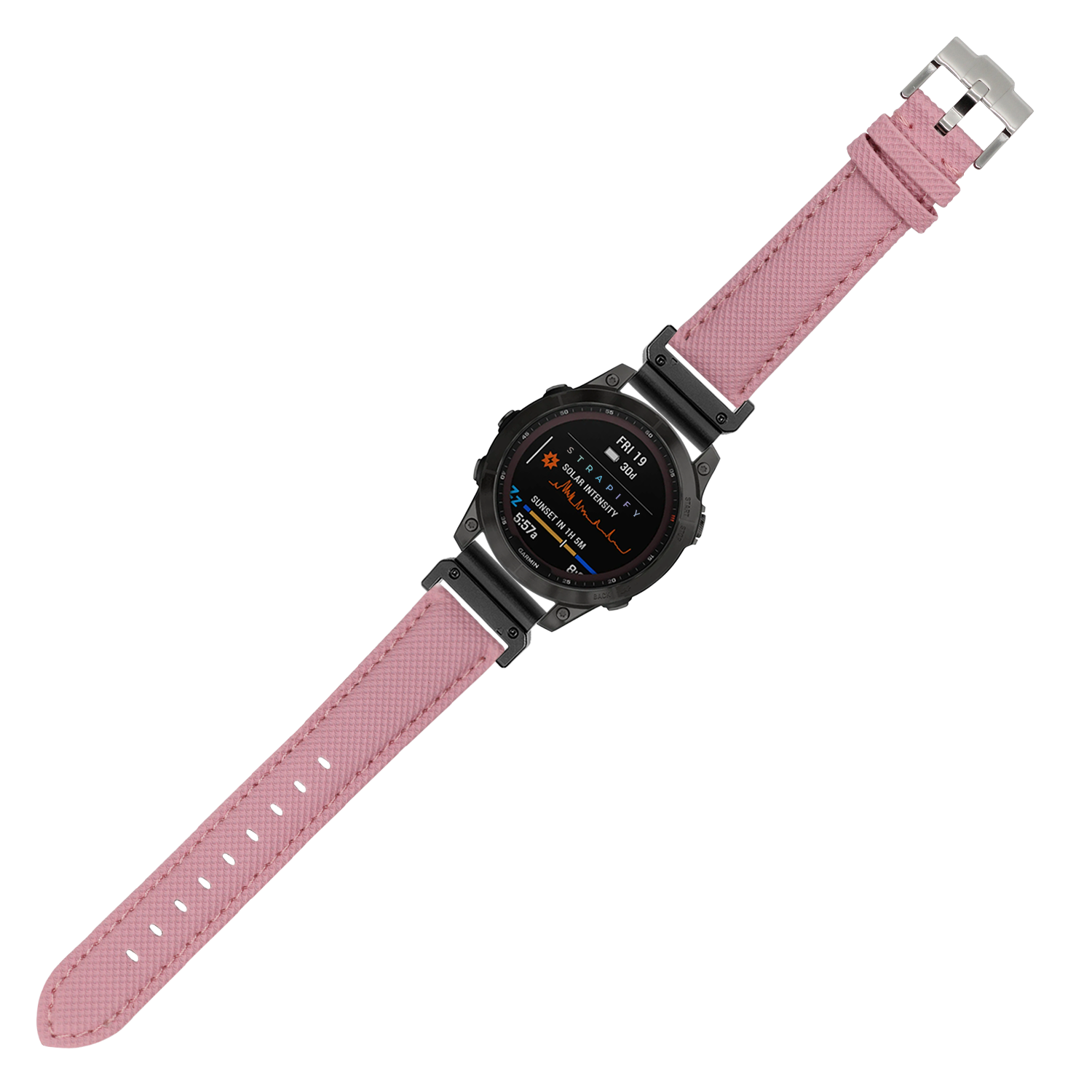 Pink QuickFit sailcloth watch band 22mm with silver buckle and black digital smartwatch display