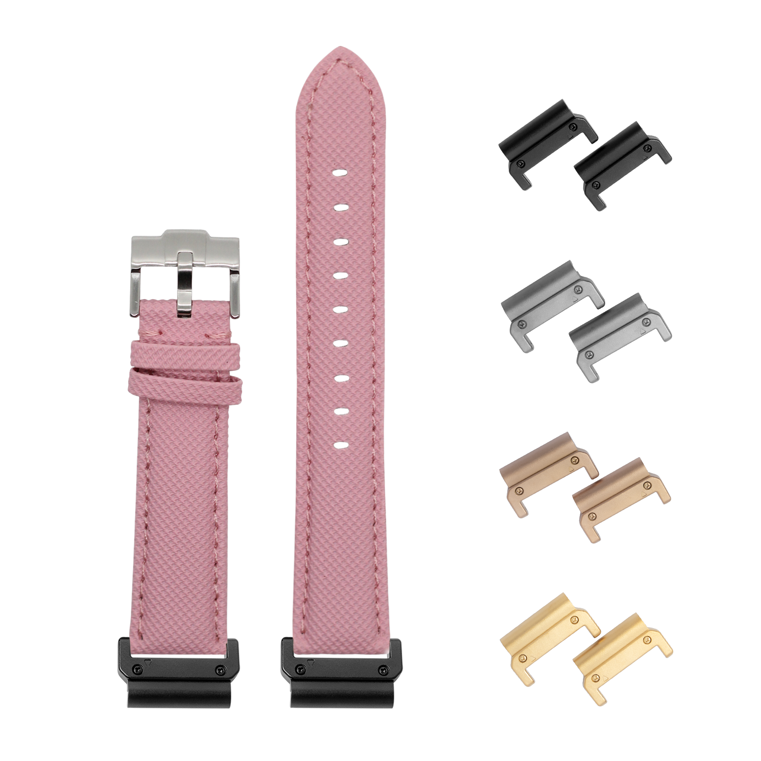 Pink sailcloth quickfit watch band 22mm with interchangeable metal lugs in black, silver, rose gold and gold finishes