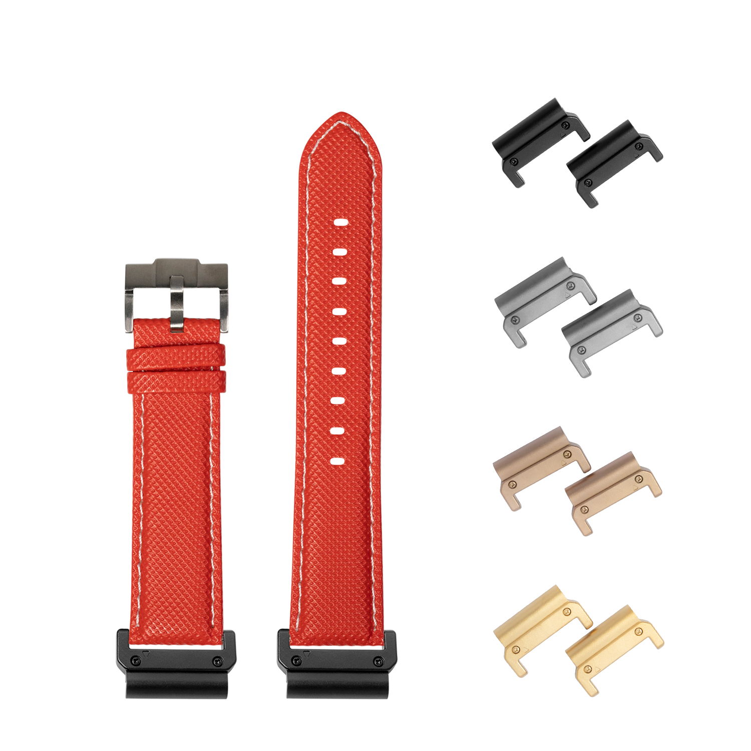 Red sailcloth watch strap 22mm with white stitching, quick-fit system, stainless steel buckle, and interchangeable metal lugs in black, silver, rose gold, and gold finishes
