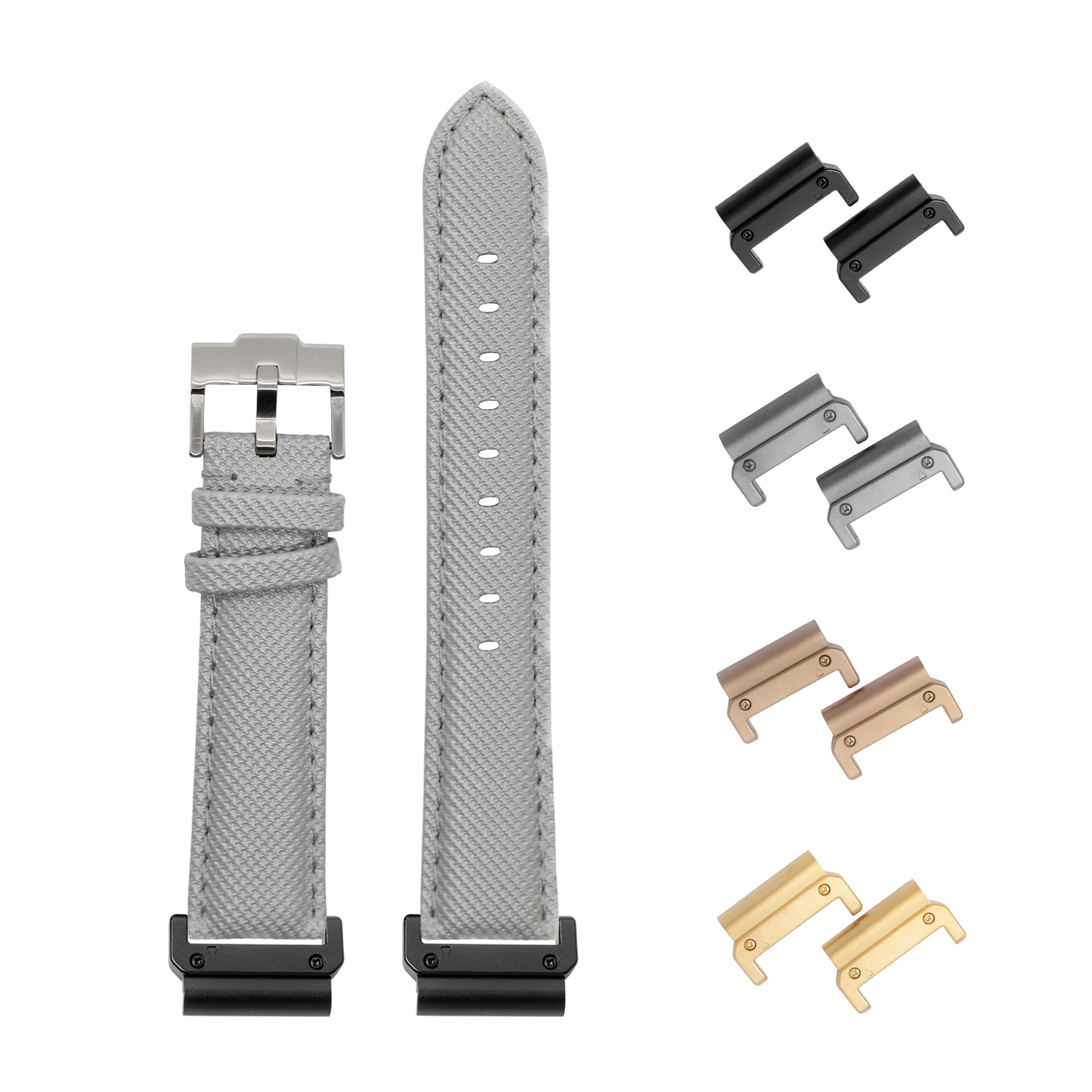 QuickFit sailcloth silver grey 22mm watch strap with interchangeable lugs in black, silver, rose gold and gold finishes
