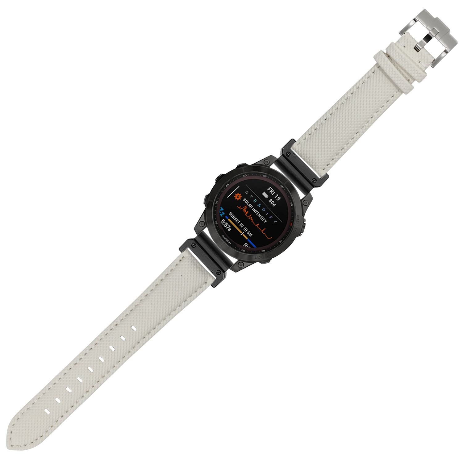 Black digital sport watch with white sailcloth quick-fit strap and stainless steel buckle, showing AMOLED display