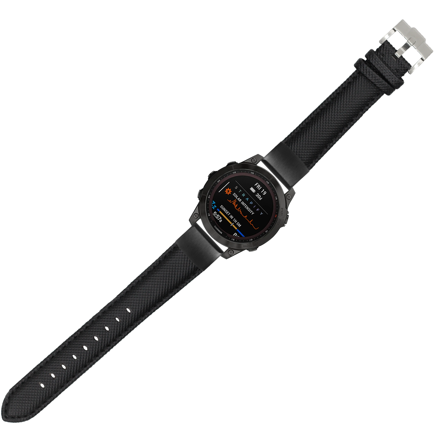 Black sailcloth 20mm QuickFit watch band with silver buckle and textured fabric strap