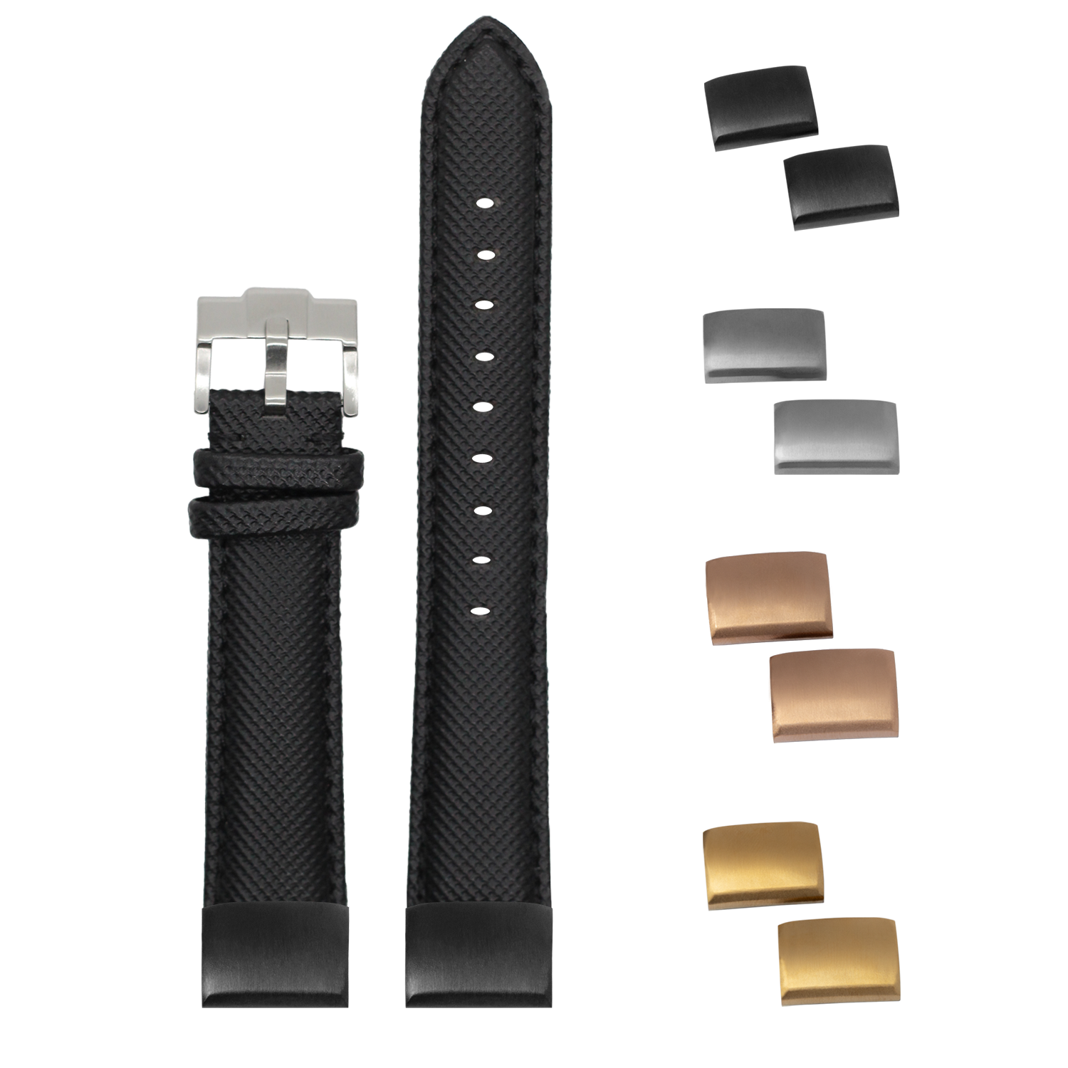 Black sailcloth quick-fit watch strap 20mm with interchangeable metal buckles and keepers