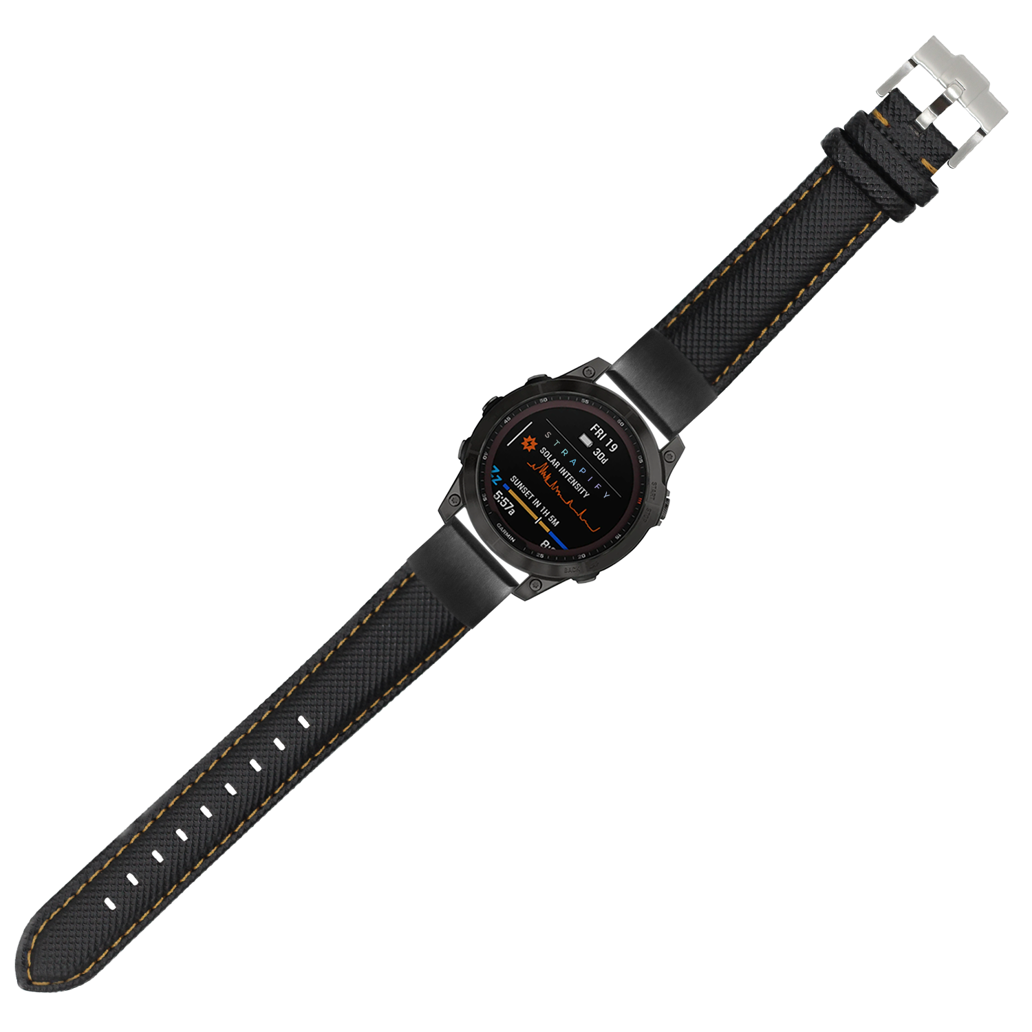 Black sailcloth smartwatch band with gold stitching, QuickFit 20mm connector, stainless steel hardware on digital watch display