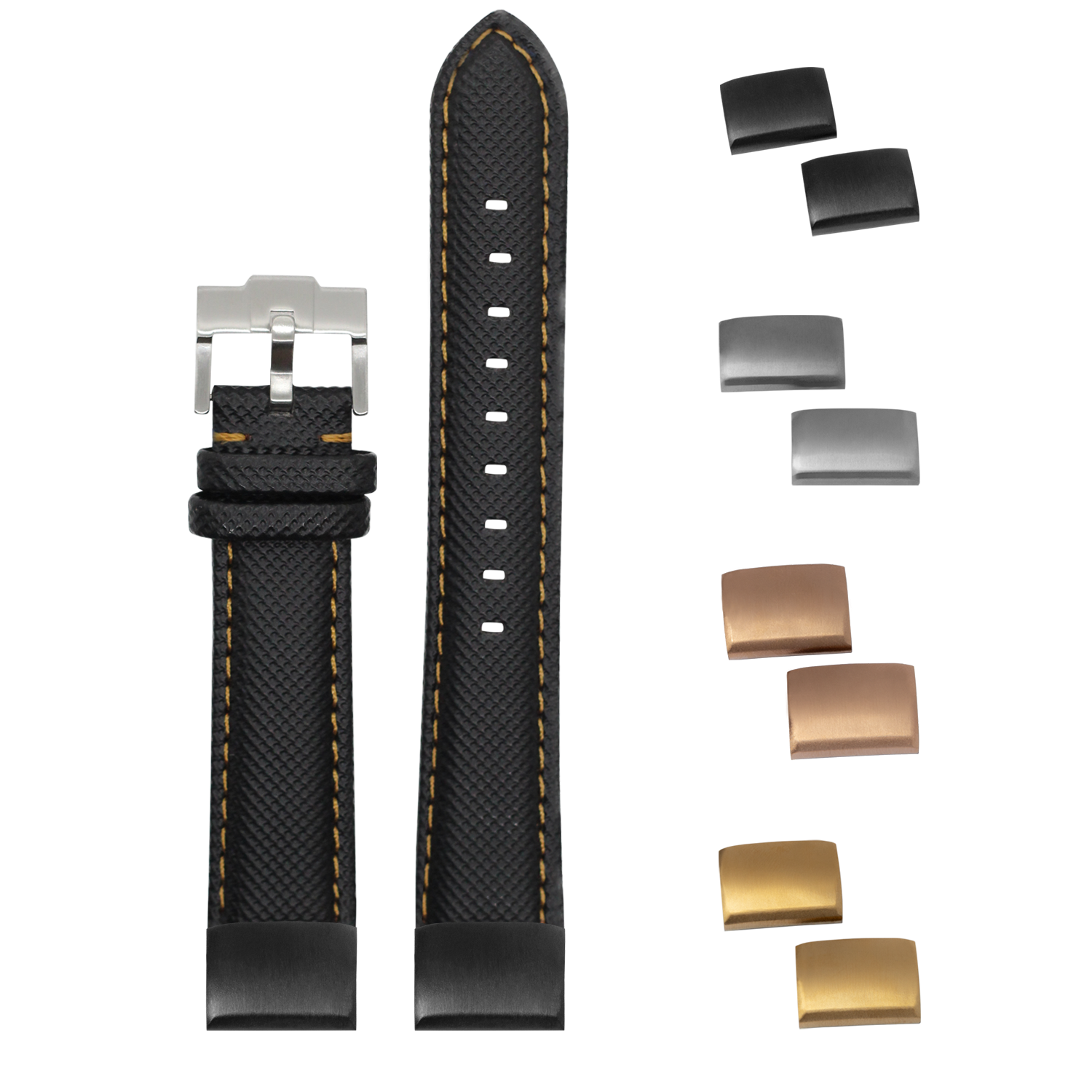 Black sailcloth watch band 20mm with gold stitching, interchangeable buckles and keepers included