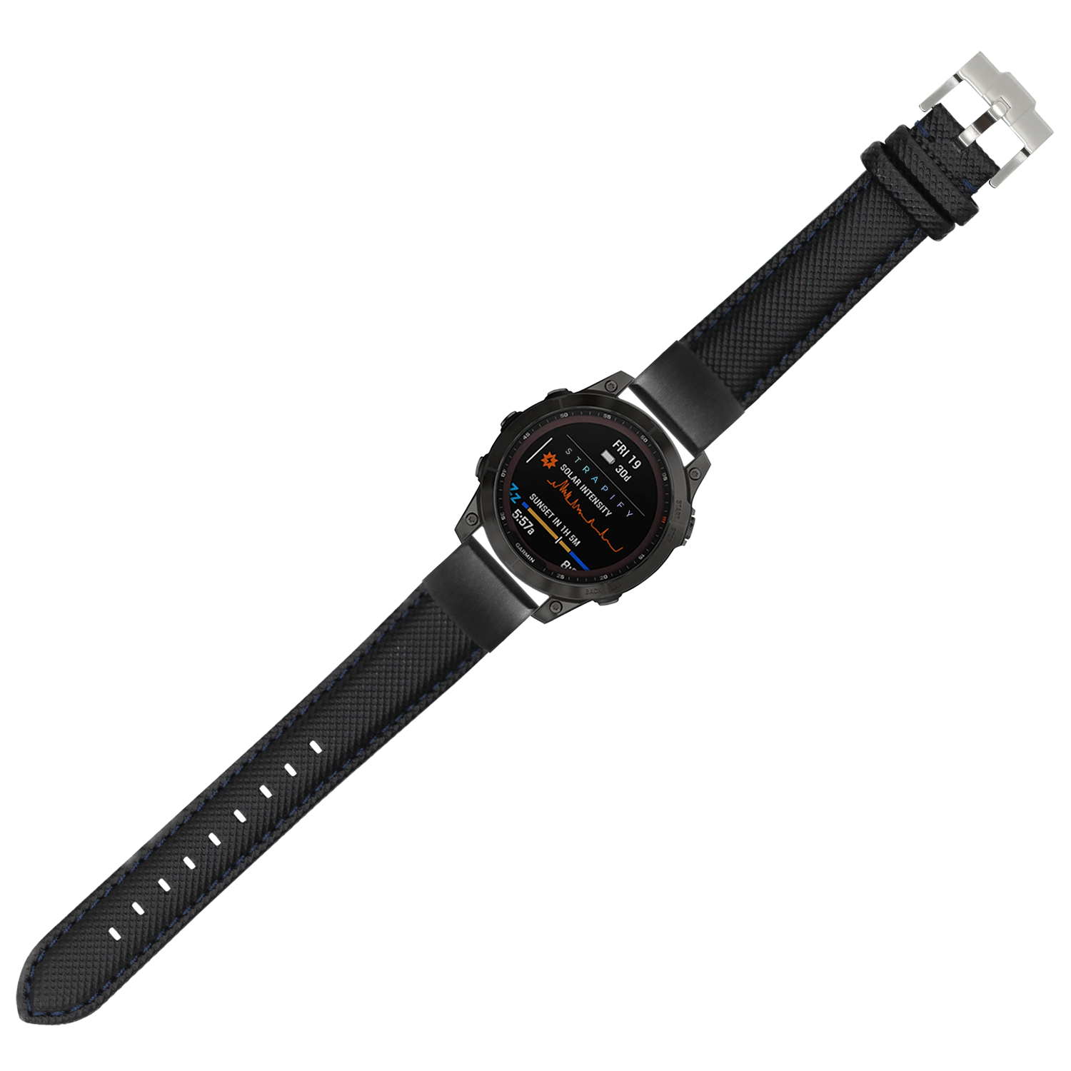 Black sailcloth watch band with navy blue stitching and silver quick-fit buckle clasp for smartwatch