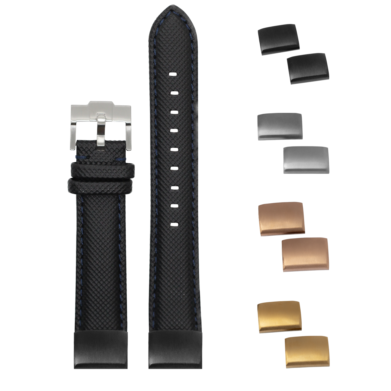 Black sailcloth watch strap 20mm with navy stitching, interchangeable buckles and keepers included