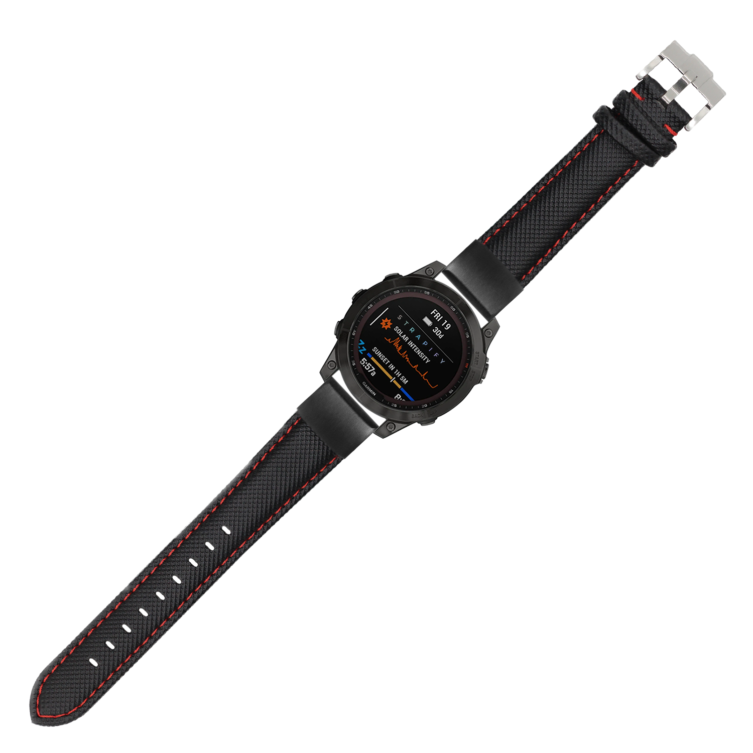 QuickFit sailcloth watch band in black with red stitching, 20mm width, displayed on digital smartwatch with metal clasp