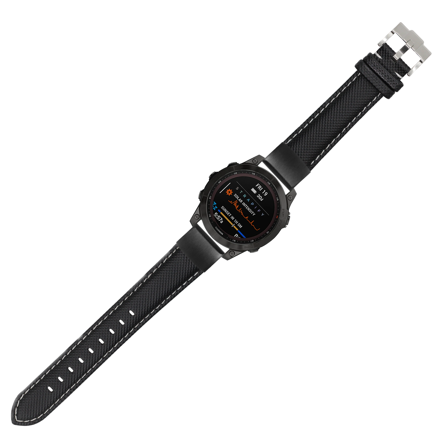 Black sailcloth watch band with white stitching and silver QuickFit connector for 20mm lug width smartwatches