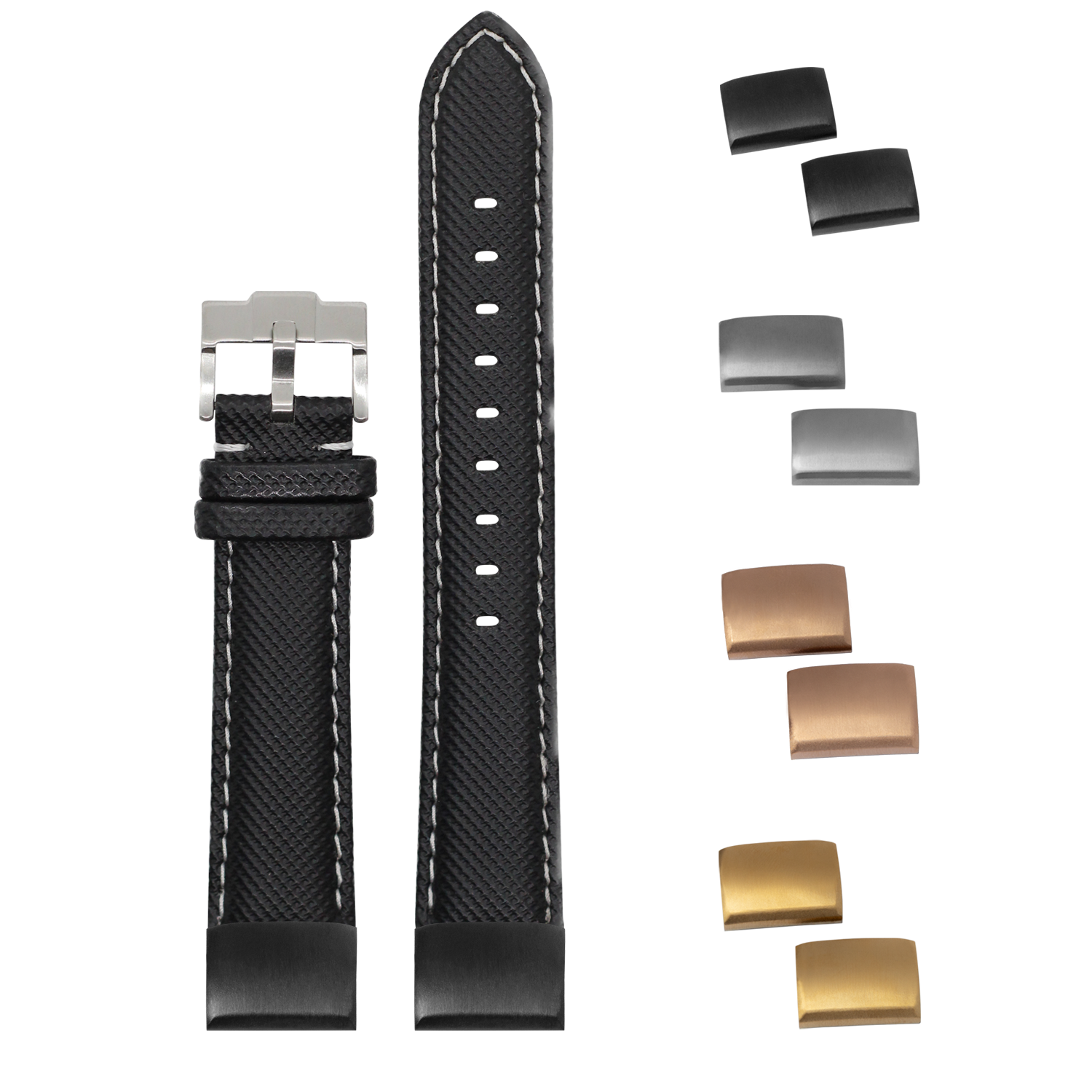 Black sailcloth watch band with white stitching, interchangeable buckles in silver, gold, and rose gold finishes
