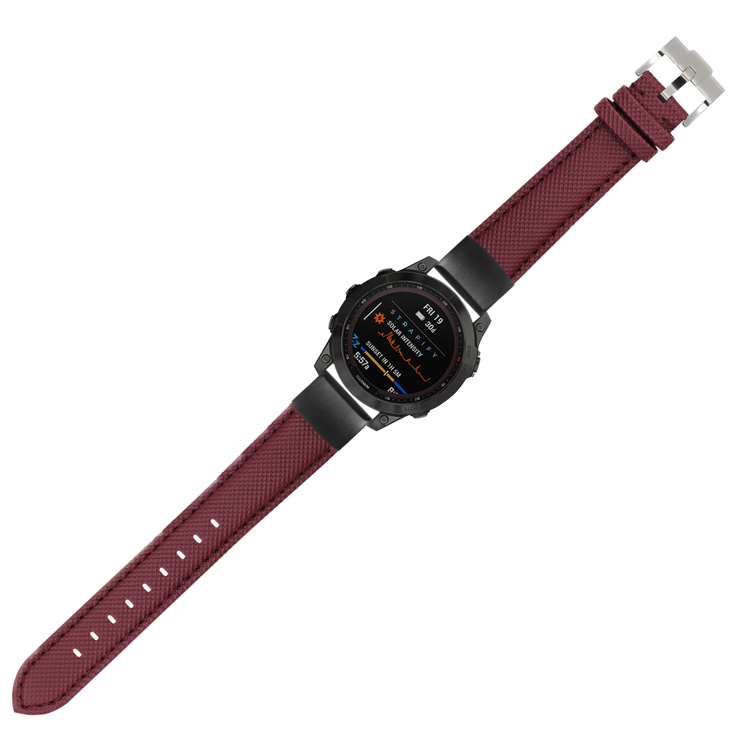 QuickFit burgundy red sailcloth watch band 20mm with stainless steel buckle on digital smartwatch