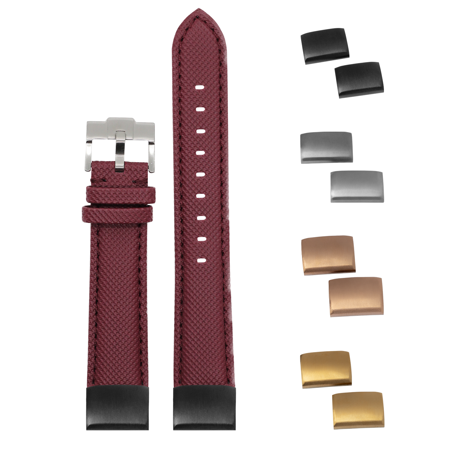 Burgundy red sailcloth QuickFit watch band 20mm with interchangeable metal buckles and end links