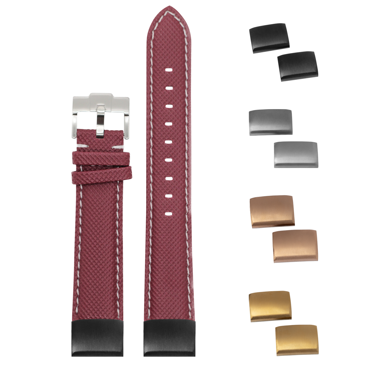 Burgundy red sailcloth watch band 20mm with white stitching, interchangeable buckles and hardware in silver, black and gold finishes